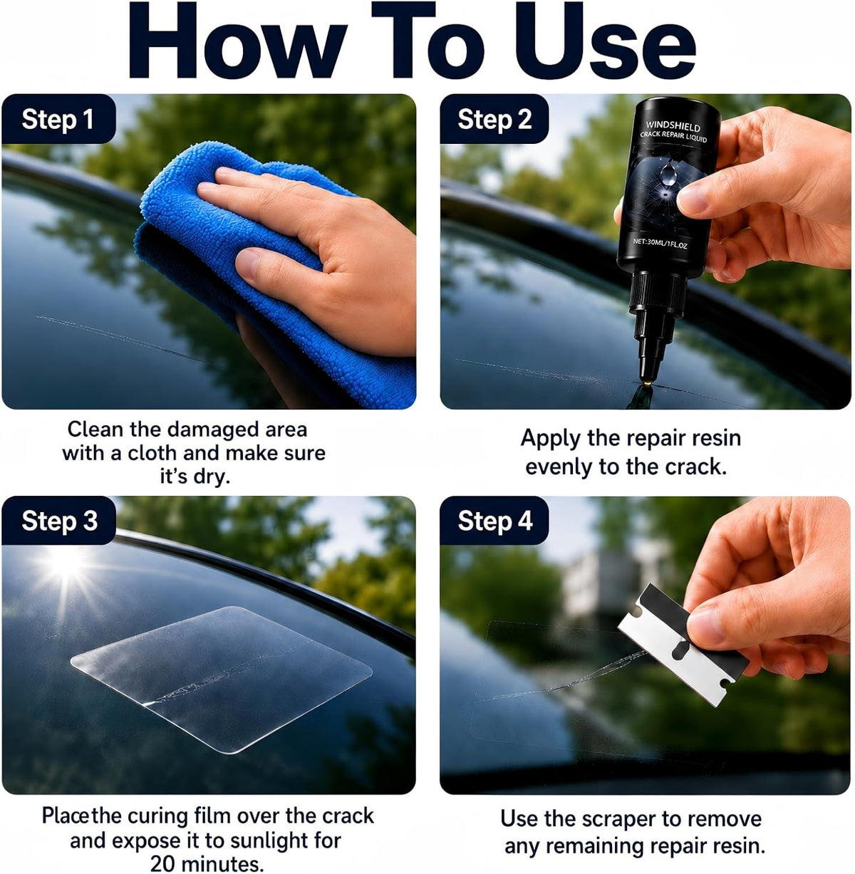 Windshield Crack Repair Kit, 2026 New Upgrate Windshield Repair Kit for Chips and Cracks with 30ml Glass Repair Liquid 1 Towel 1 Blade 5 Curing Films, Cracks Gone Glass Repair Kit (1 Black)
