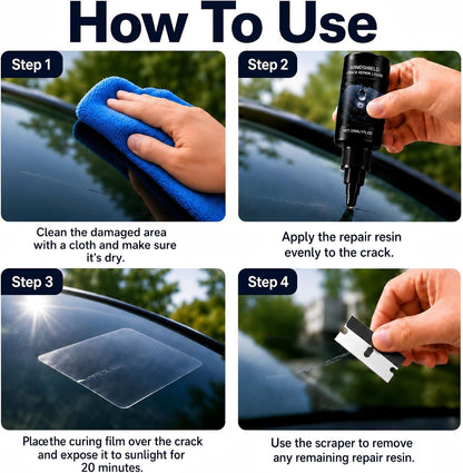 Windshield Crack Repair Kit, 2026 New Upgrate Windshield Repair Kit for Chips and Cracks with 30ml Glass Repair Liquid 1 Towel 1 Blade 5 Curing Films, Cracks Gone Glass Repair Kit (1 Black)