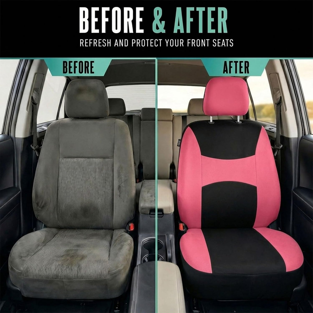 FH Group Full Set Cloth Car Seat Covers, Universal Fit Front and Split Bench Rear, Airbag Compatible, Washable for SUV, Sedan, Van - Black