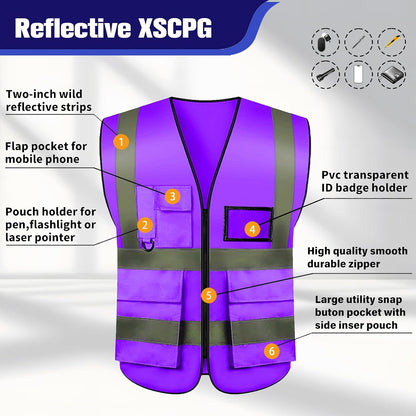 Safety Vests 20 Pack,Hi Vis Construction Vest with 5 Pockets and Zipper,Reflective Vest for Men Women Work One Size