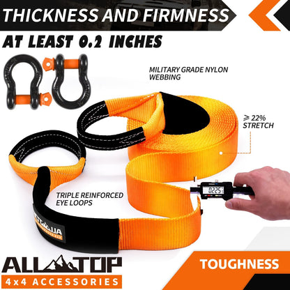 ALL-TOP Heavy Duty Tow Strap Recovery Kit: 3 inch x 20ft (35,000lbs) 100% Nylon and 22% Elongation Snatch Strap + 3/4 Heavy Duty D Ring Shackles (2pcs) + Storage Bag
