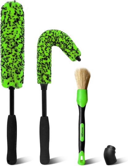 YeewayVeh 3PCS Quick Car Wheel Brush Kit, 2-Size 360° Bendale Rim Cleaner Brushes, Boars Hair Detailing Brush, Fast Scratch-Free Cleaning for Car Wheels, Motorcycle, Green
