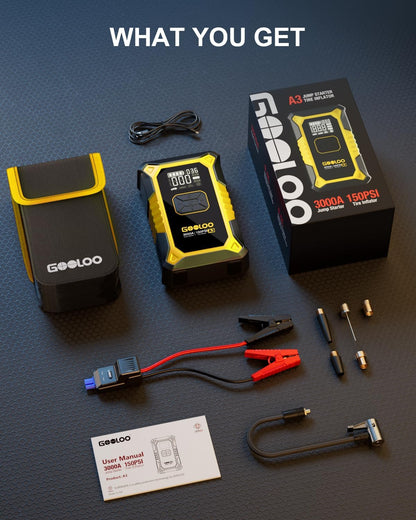 GOOLOO A3 Jump Starter with Air Compressor, 3000A Portable Car Battery Booster (9.0 Gas/6.5L Diesel) with 150PSI Auto-Shutoff Tire Inflator, 12V Supersafe Lithium Jump Box Car Battery Jumper Starter