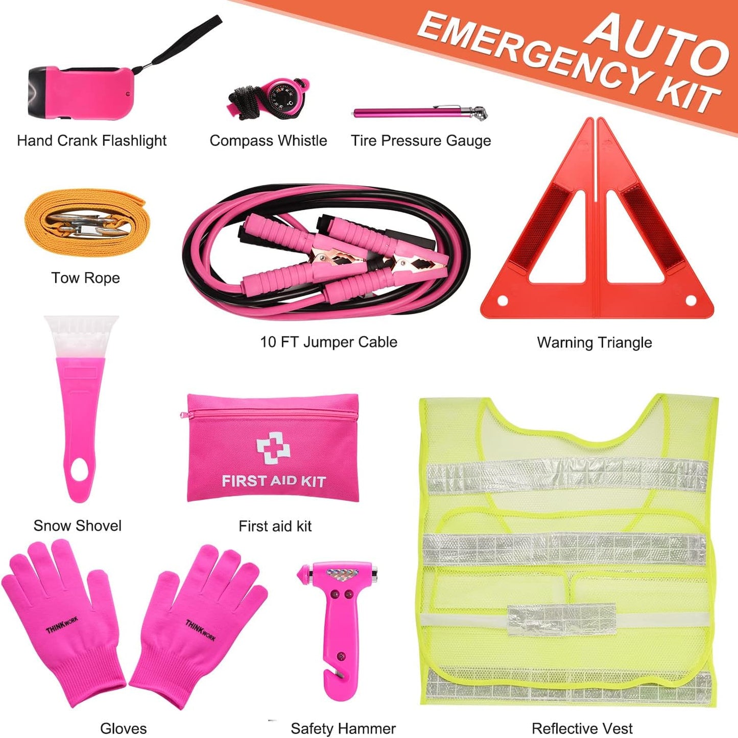 THINKWORK Car Emergency Kit for Teen Girl and Lady's Gifts, Pink Emergency Roadside Assistance kit with Digital Air Compressor, 10FT Jumper, First Aid Kit, and More Ideal Pink Car Accessories Tool -E7