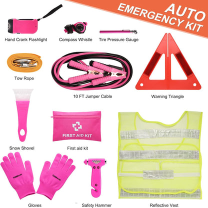 THINKWORK Car Emergency Kit for Teen Girl and Lady's Gifts, Pink Emergency Roadside Assistance kit with Digital Air Compressor, 10FT Jumper, First Aid Kit, and More Ideal Pink Car Accessories Tool -E7