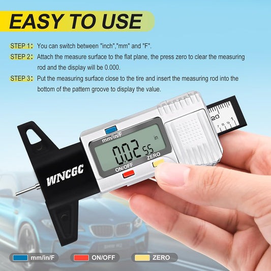 3 Modes Digital Tire Tread Depth Gauge, Tire Depth Gauge with Fractional Inch, Decimal Inch and Millimeter for Motorcycles, Cars, Trucks, Vans, SUV