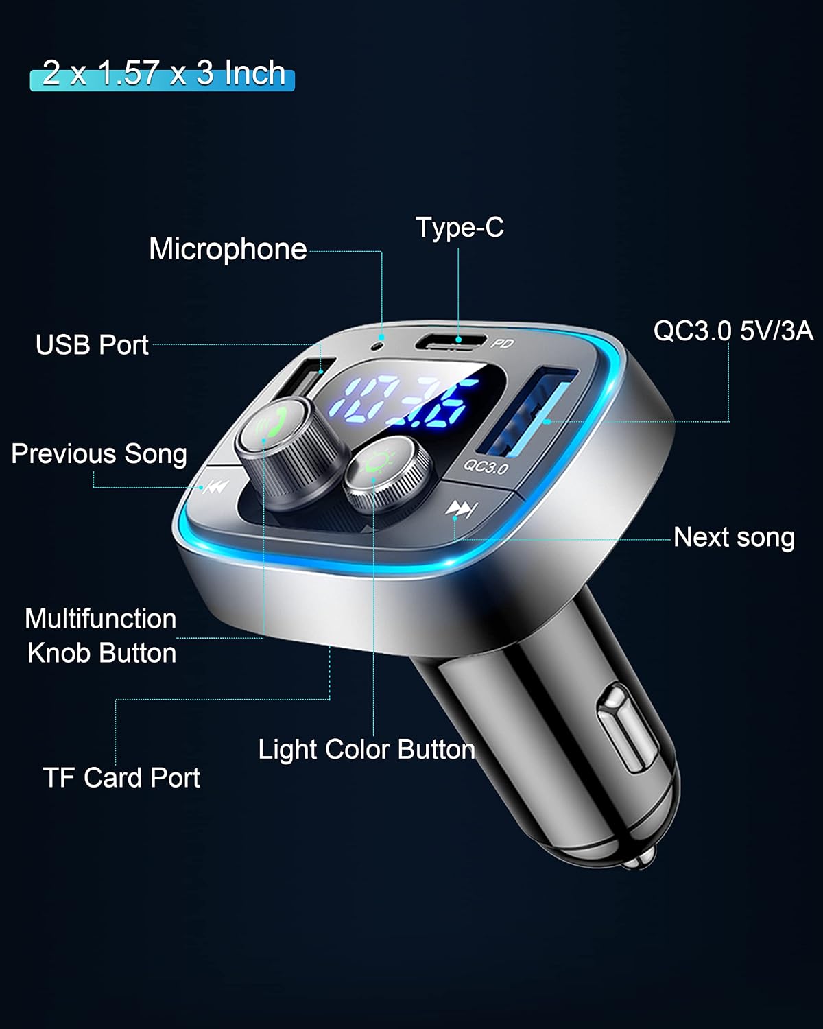 LIHAN FM Transmitter for Car Bluetooth Adapter 5.4,48W PD+QC Fast Charging,Hands-Free Calling,Streams Spotify/Navigation/Music via Car Radio,Wireless Upgrade Non-Bluetooth Cars,USB-C,USB/TF,12V/24V