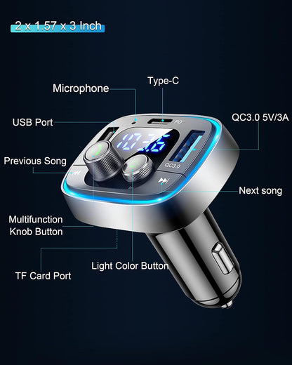 LIHAN FM Transmitter for Car Bluetooth Adapter 5.4,48W PD+QC Fast Charging,Hands-Free Calling,Streams Spotify/Navigation/Music via Car Radio,Wireless Upgrade Non-Bluetooth Cars,USB-C,USB/TF,12V/24V
