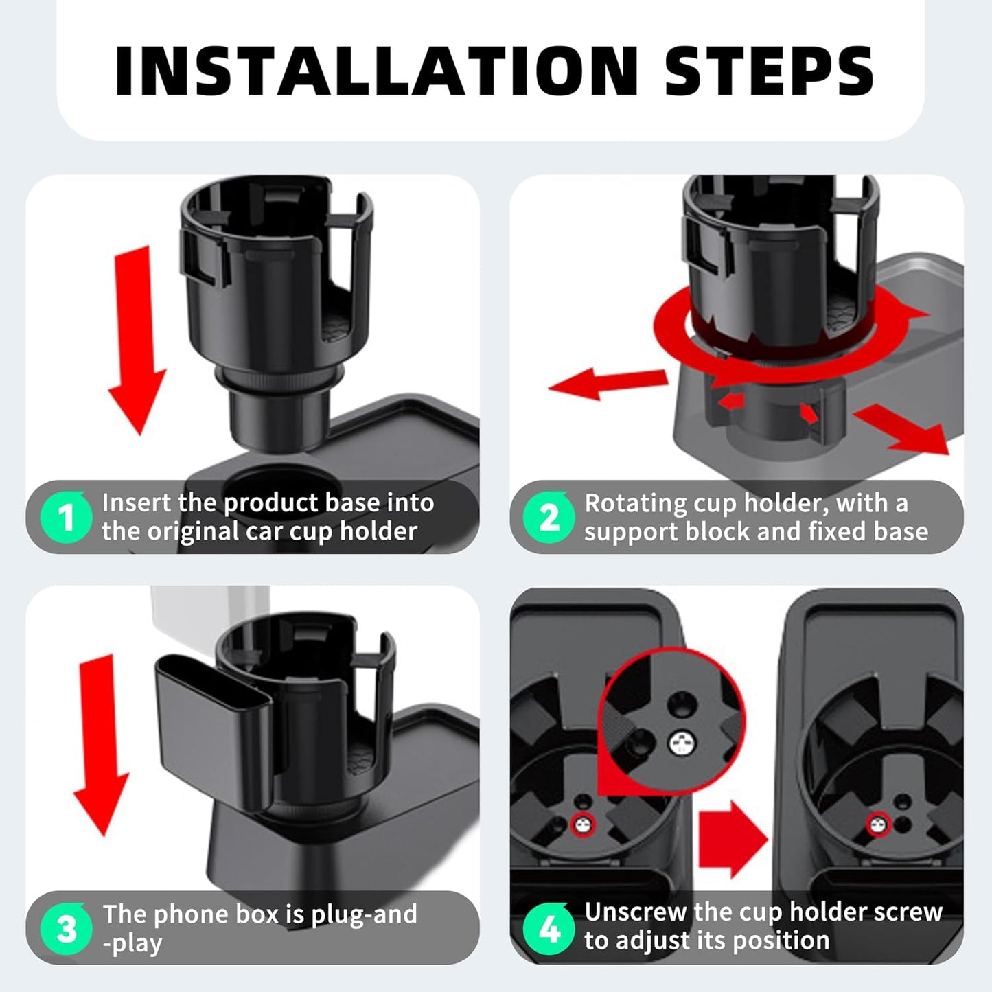 2-in-1 Car Cup Holder Expander with Phone Holder, 2.6“-3.93” Vehicle Cupholder Extender Adapter with Adjustable Base, Universal Multifunctional Auto Insert Drink Holder Expander