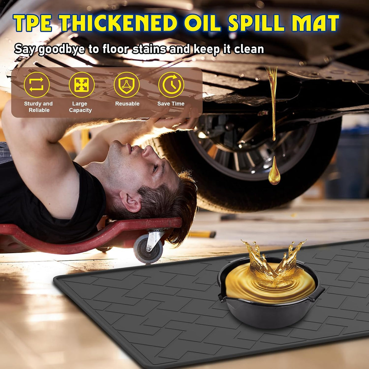 Oil Spill Mat for Garage, 60" x 37" Heavy Duty TPE Oil Change Mat with Raised Edge, Reusable Oil Drain Pan, Waterproof, Oil-Proof, Non-Slip Under Car Mat,Protect Garage Surface from Spill & Stain | Oil Spill Mat