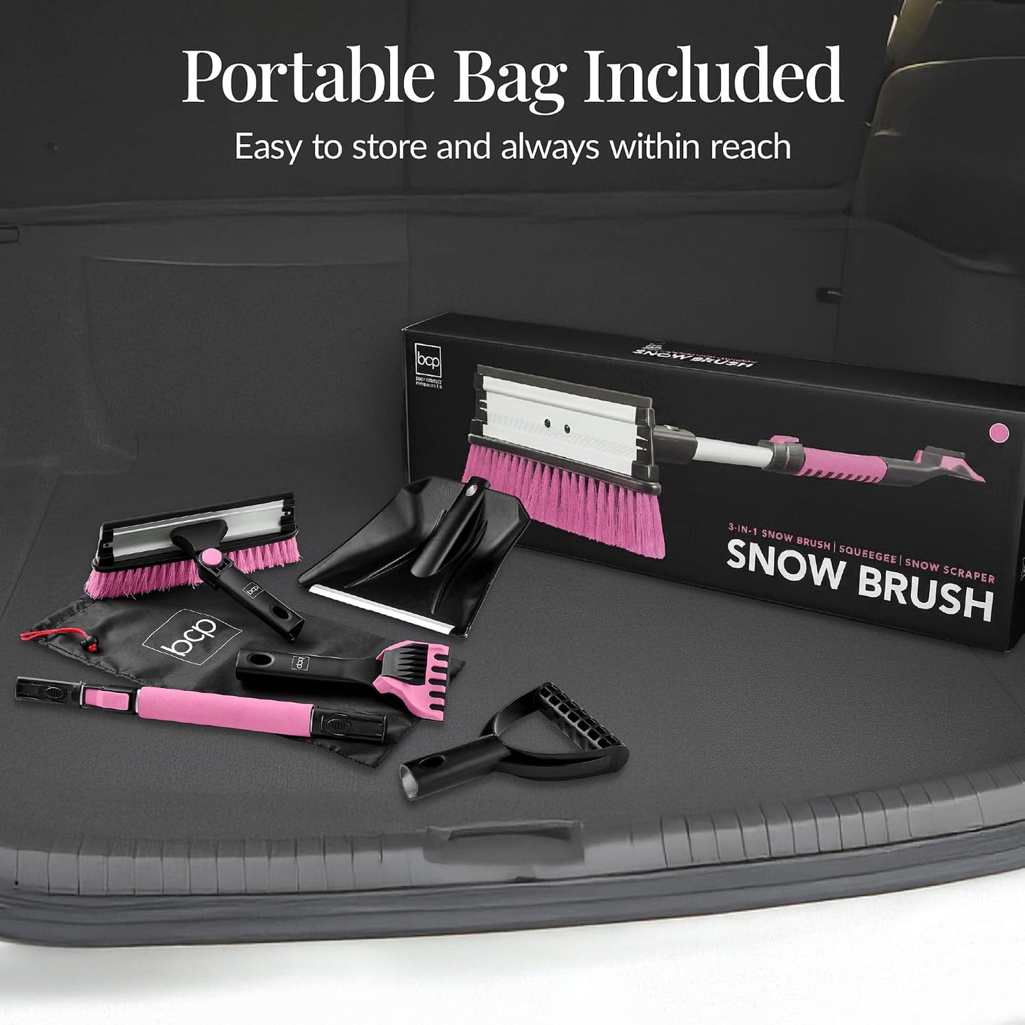 Best Choice Products Snow Brush with Squeegee & Ice Scraper, Up to 39" Extendable Foam Grip, 270° Pivoting Snow Brush for Car Truck SUV, Storage Bag Included - Pink