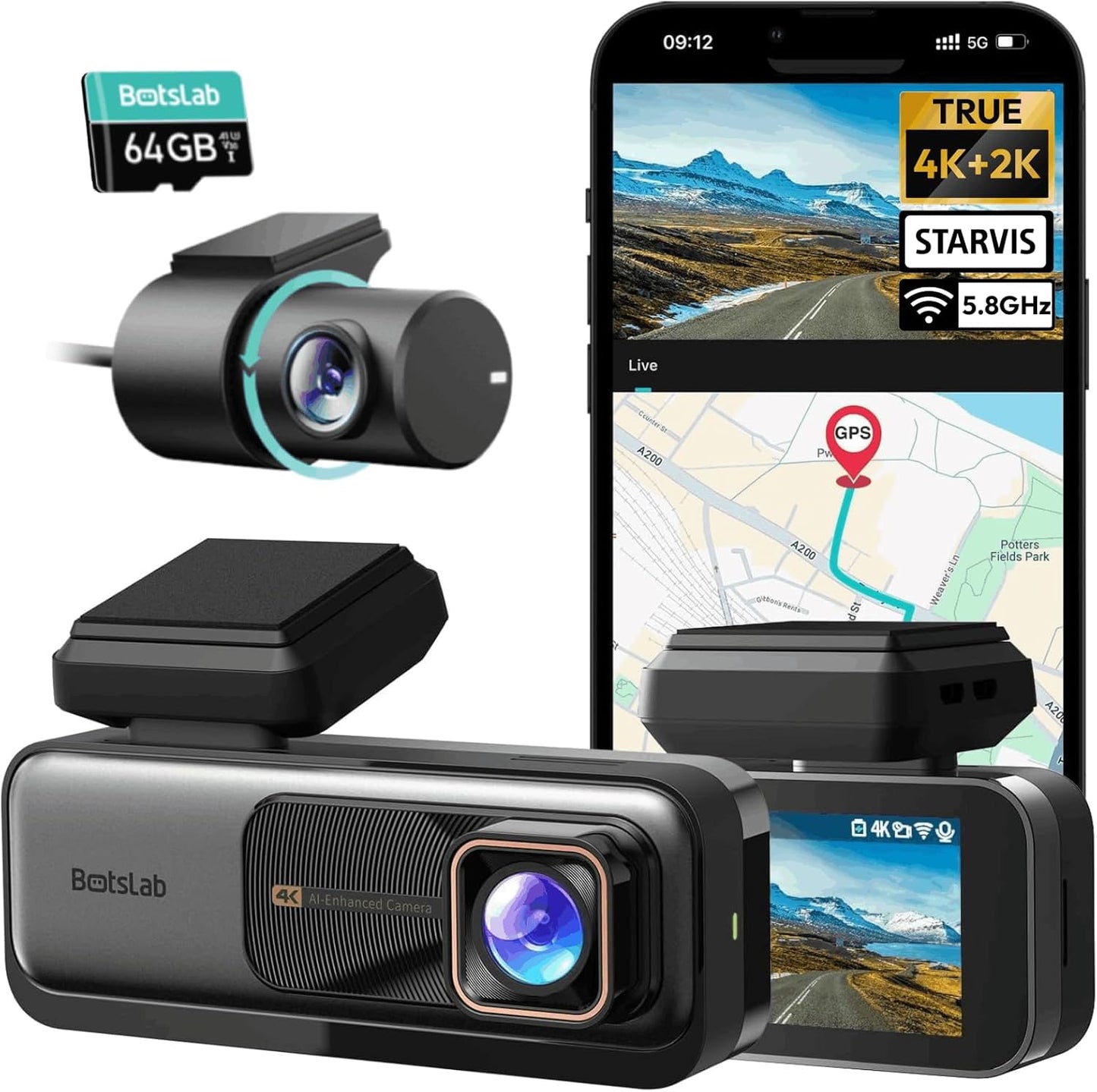 BOTSLAB 4K Dash Cam Front and Rear, 170° Ultra Wide 4K+2K Dashcam with ADAS, Night Vision, 24/7 Parking Mode, IMX415 STARVIS Sensor, WDR, 5.8GHz WiFi, Built-in GPS, Loop Recording (No SD Card)