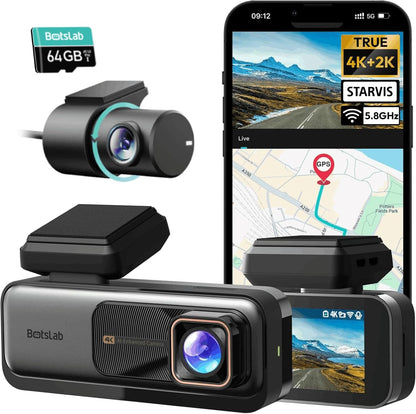 BOTSLAB 4K Dash Cam Front and Rear, 170° Ultra Wide 4K+2K Dashcam with ADAS, Night Vision, 24/7 Parking Mode, IMX415 STARVIS Sensor, WDR, 5.8GHz WiFi, Built-in GPS, Loop Recording (No SD Card)