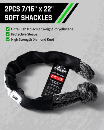 DAYDOOR Recovery Tow Rope Kit with 2 Soft Shackles, 7/16 Inch x 30 ft 31,200 Lbs UHMWPE Tow Strap, Synthetic Towing Rope Recovery Kit for ATV, UTV, SUV, Cars (Gray)