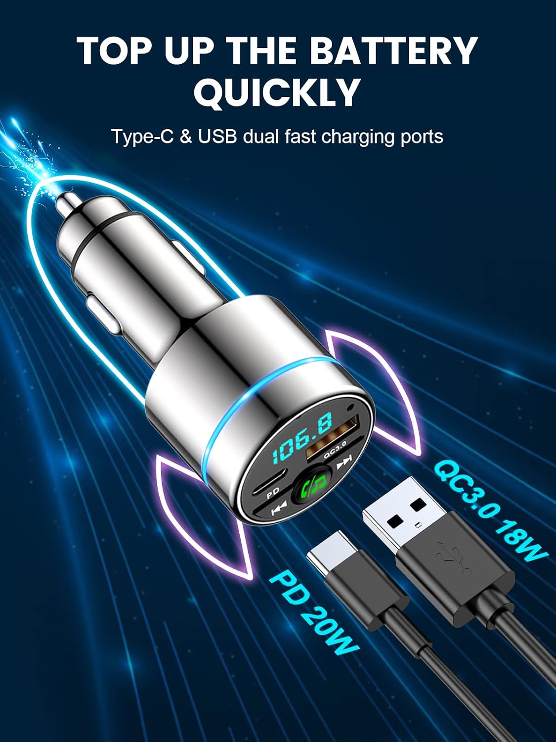 RIWUSI FM Transmitter for Car Bluetooth 5.3, [All-Metal] PD 30W & QC3.0 18W Fast Car Charger, Wireless FM Radio Kit Bluetooth Car Adapter, Noise Cancelling Hands-Free Call, Blue Light - Black