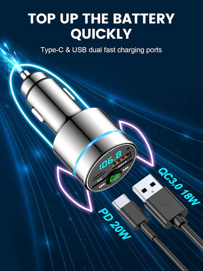 RIWUSI FM Transmitter for Car Bluetooth 5.3, [All-Metal] PD 30W & QC3.0 18W Fast Car Charger, Wireless FM Radio Kit Bluetooth Car Adapter, Noise Cancelling Hands-Free Call, Blue Light - Black