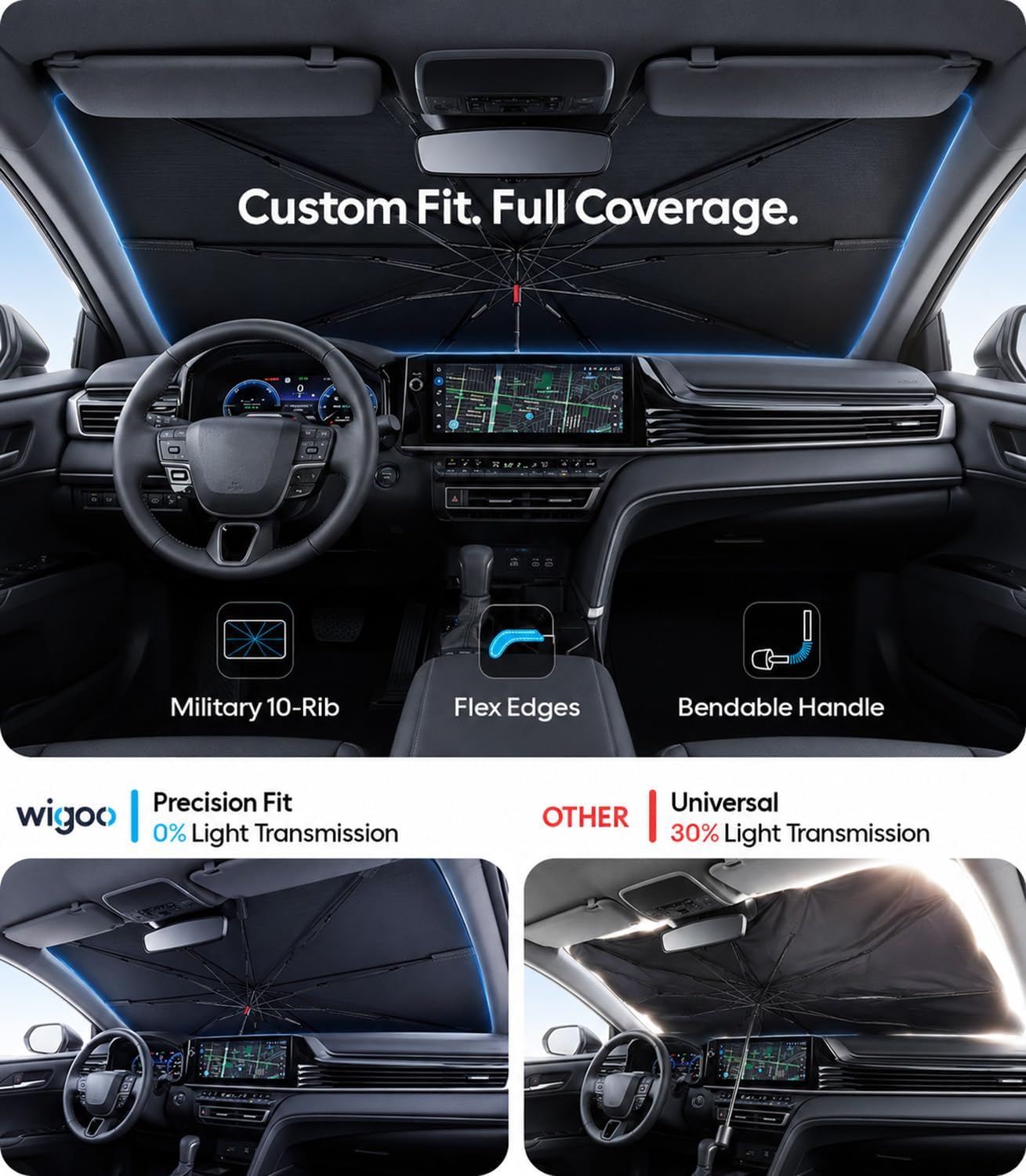 Wigoo Windshield Sun Shade Umbrella for Tesla Model Y [100% Sun Blockage, Ice Cooling Fabric] Foldable Heat Insulation Front Window Sunshade Umbrella for Tesla Model Y 2020–2026 (Juniper)