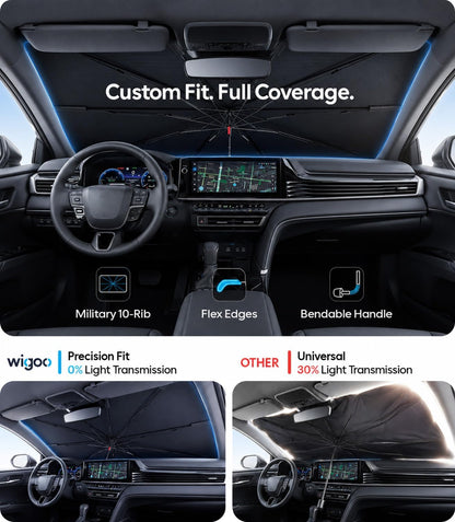 Wigoo Windshield Sun Shade Umbrella for Tesla Model Y [100% Sun Blockage, Ice Cooling Fabric] Foldable Heat Insulation Front Window Sunshade Umbrella for Tesla Model Y 2020–2026 (Juniper)