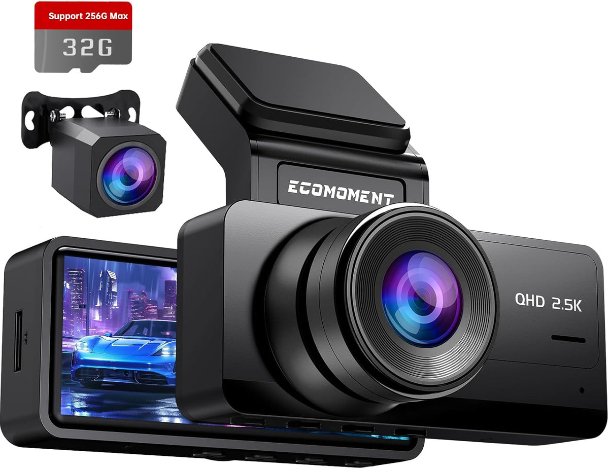 Ecomoment Dash Cam Front and Rear, 2.5K+1080P Car Camera with 32GB Card | WDR Night Vision, G-Sensor, 24H Parking Monitor, 3.16" IPS Screen, 170° Wide Angle, Supports up to 256GB Card