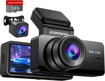 Ecomoment Dash Cam Front and Rear, 2.5K+1080P Car Camera with 32GB Card | WDR Night Vision, G-Sensor, 24H Parking Monitor, 3.16" IPS Screen, 170° Wide Angle, Supports up to 256GB Card