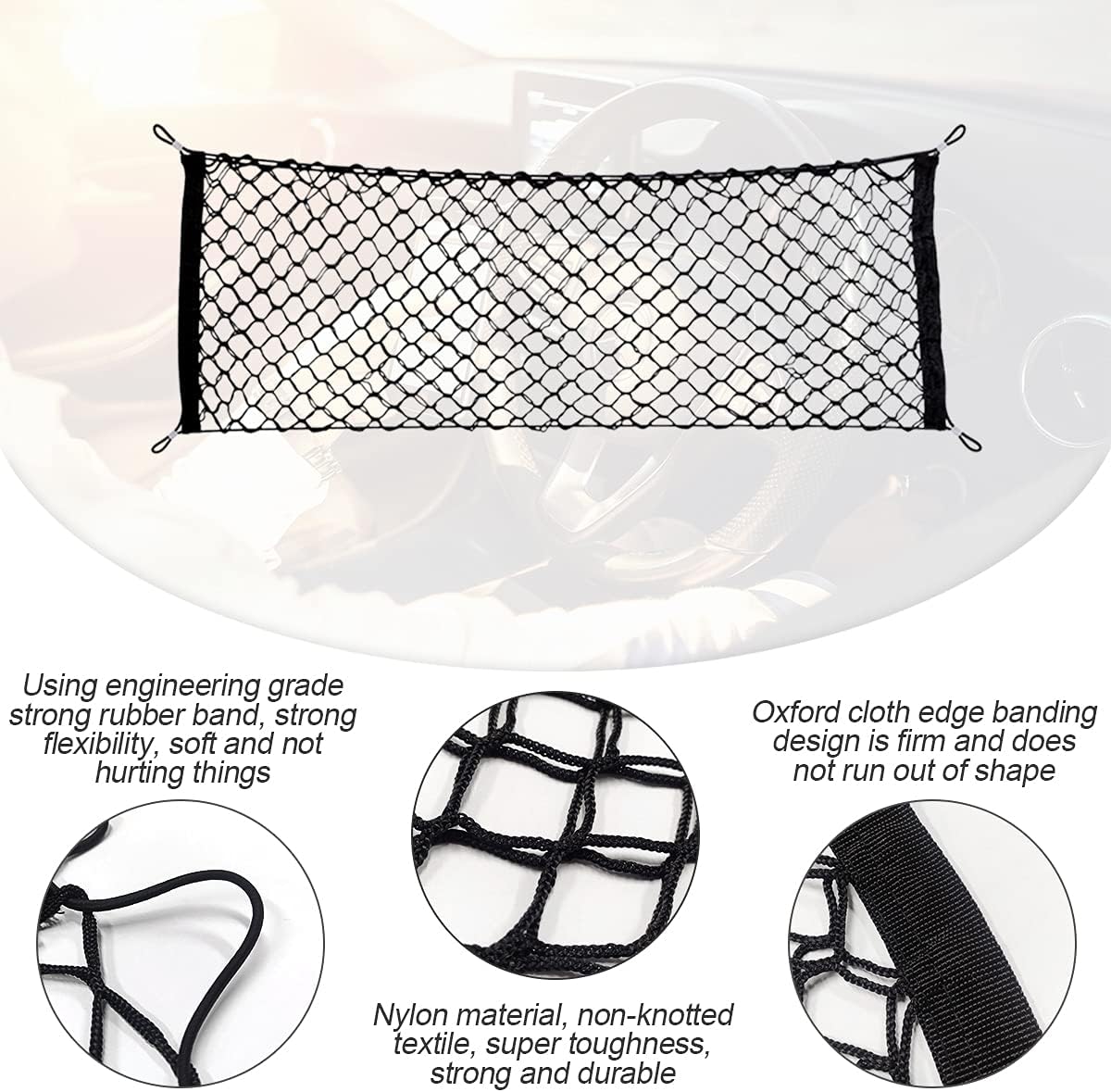 Car Rear Cargo Net, Adjustable Elastic Storage Organizer Net, Trunk Cargo Storage Net, Universal Fit for Car, Vehicle, SUV (43.3"x 15.8")