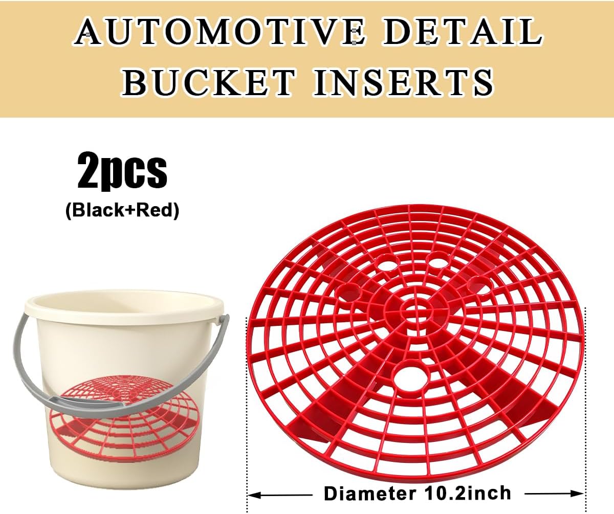 2 PCS Car Wash Bucket Insert, Plastic Wash Bucket Insert Removes Dirt Debris for Car Detailing Cleaning, Auto Detail Grit Trap Fits 12 Inch Diameter or 3-5 Gallon Bucket (Black+Red)