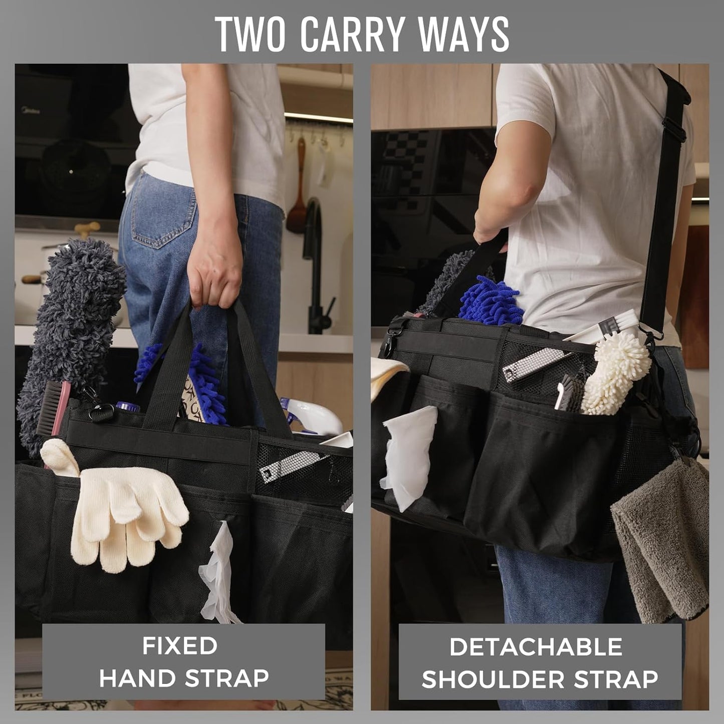 SCAVATA Wearable Cleaning Caddy Organizer with Handle & Shoulder Straps for Housekeepers, Under Sink & Car Cleaning Tool Organizer Bag with 4 Foldable Dividers (Green)