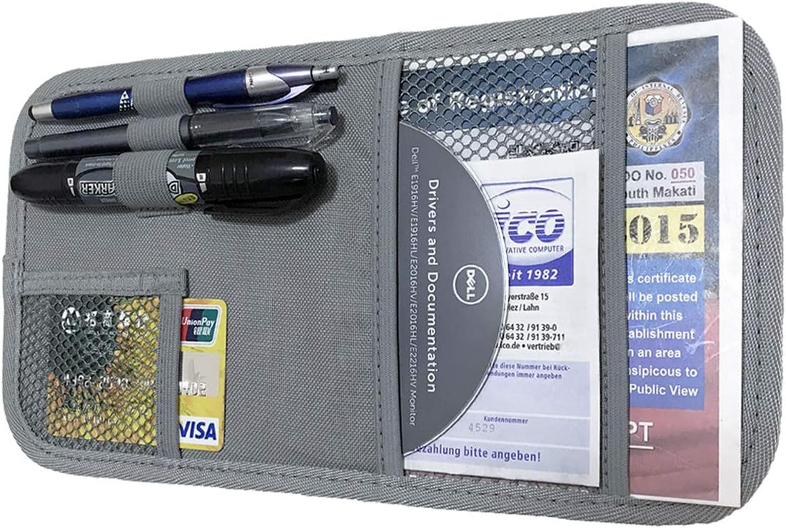 Car Sun Visor Organizer, Auto Visor Holder Interior Accessories Pocket Organizer - Car Registration Holder Document Storage Pouch Pen holder - Grey
