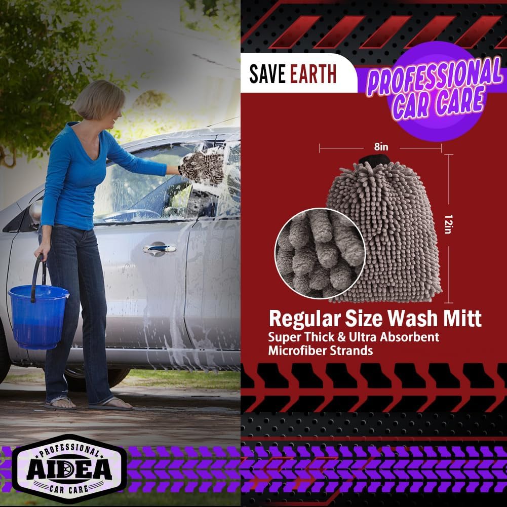 AIDEA Car Wash Mitt Microfiber, 1PK-Scratch-Free& Lint-Free, Premium Chenille Microfiber Mitt Car Wash Brush-Green Regular Size (7.12''X10.14'')