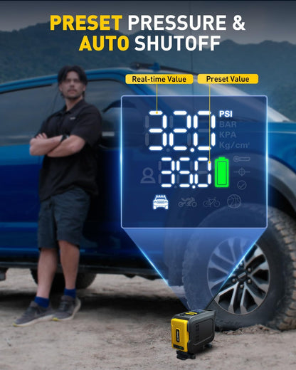 AUXITO Tire Inflator Portable Air Compressor - 150PSI Bike Pump 1Min Fast Inflate with Tire Pressure Gauge, 5200 mAh, LED Light, Car Accessories Air Pump for Auto, Moto, Bike Car Gifts for Men