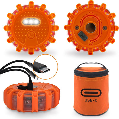 Ecoangel USB Rechargeable LED Road Flares Emergency Lights-Roadside Warning Car Safety Beacon Flashing Disc Flare Kit with Magnetic Base for Vehicles & Boat | 3 Beacon Disc Pack