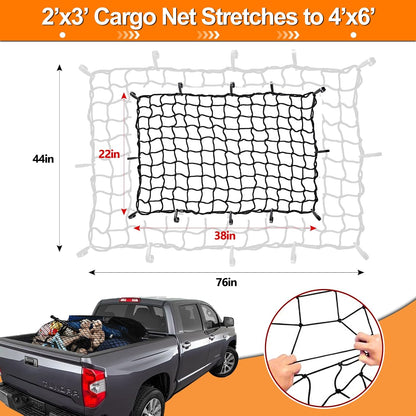Cargo Net 4' x6' Stretches to 8' x 12' Truck Cargo Net for Pickup Truck Bed- Small 4"x4" Mesh Grid Super Duty Bungee Heavy Duty Bed Netting with 12 Adjustable Metal Carabiners by Cenipar