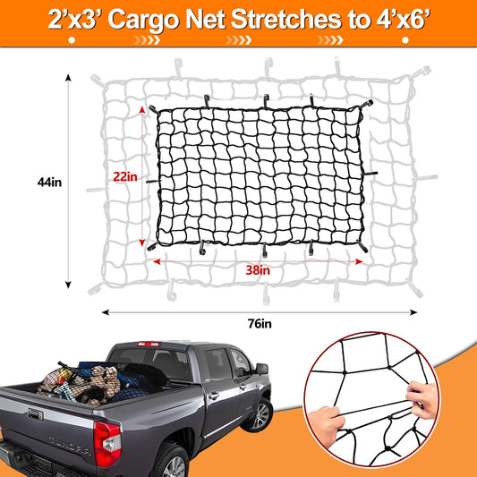 Cargo Net 4' x6' Stretches to 8' x 12' Truck Cargo Net for Pickup Truck Bed- Small 4"x4" Mesh Grid Super Duty Bungee Heavy Duty Bed Netting with 12 Adjustable Metal Carabiners by Cenipar