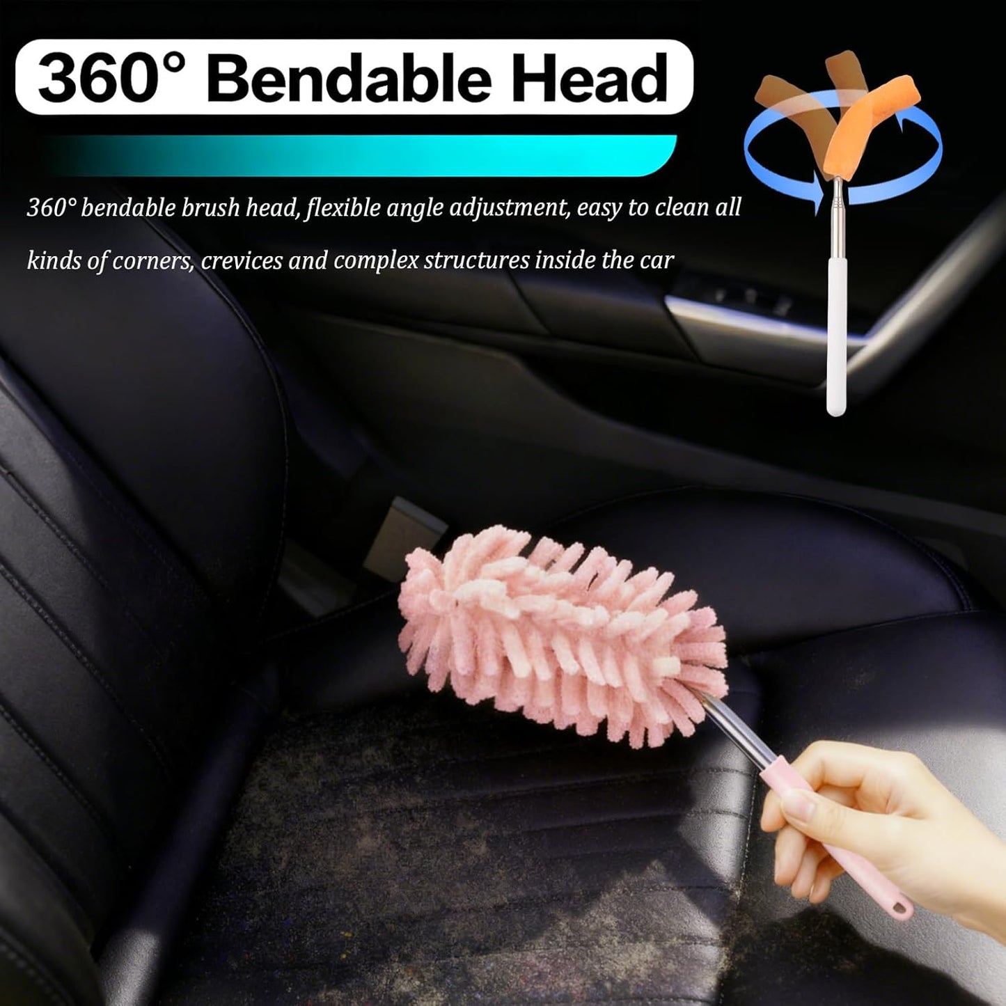 2PCS Car Duster Interior with Bendable Head & Retractable Extension Pole,Pink Microfiber Duster for Car Interior Detailing Cleaning,Universal Cars Interiors Dusters Cars Tools