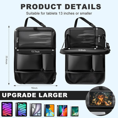 2Pack Car Backseat Organizer with Foldable Table Tray,6 Storage Pockets Car Storage Organizer with Tablet Holder,Car Seat Back Protectors Kick Mats Travel Accessories (Black)