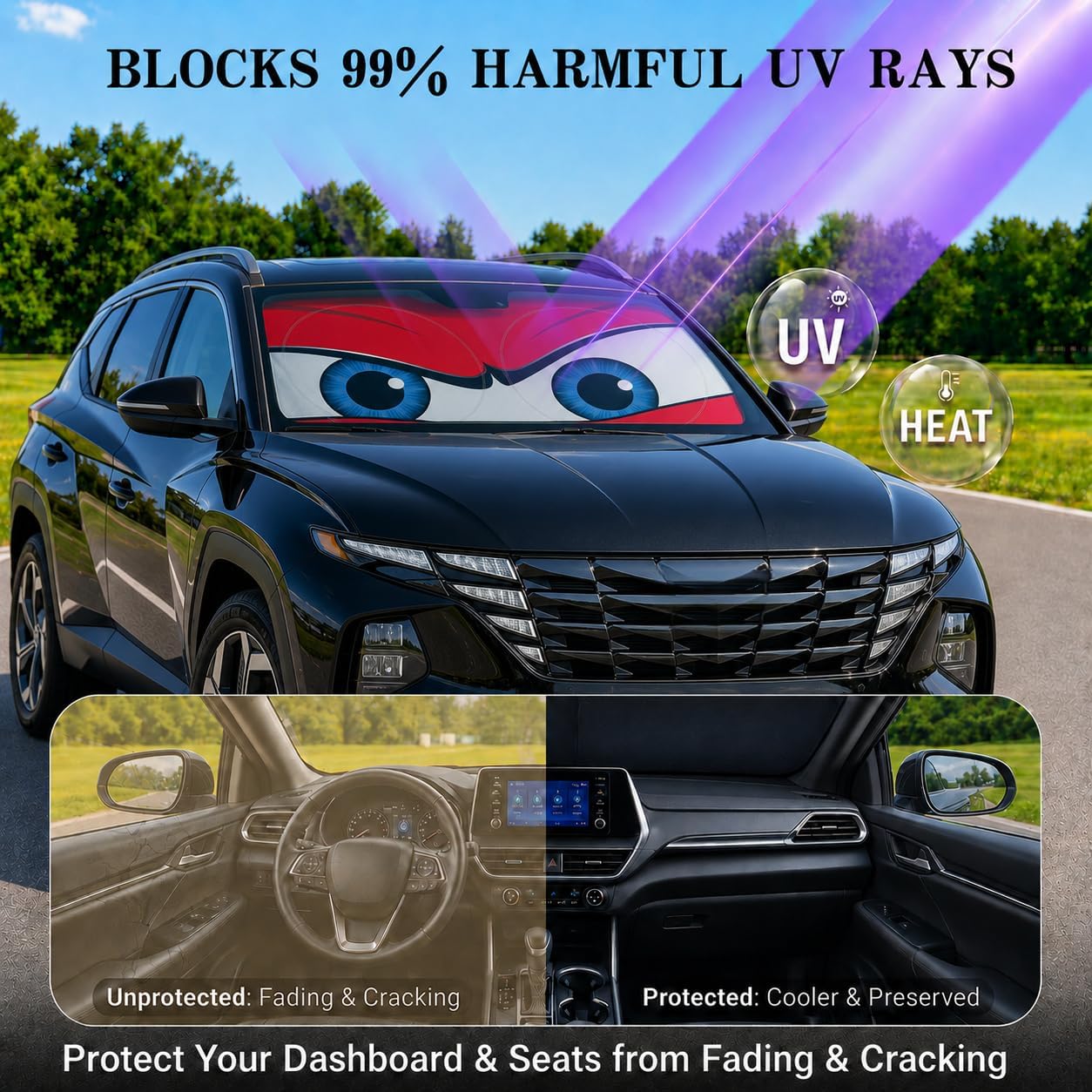 Car Windshield Sun Shade, Funny Cartoon Eyes Sun Visor for Car Windshield Universal Fits Sedan Compact Car Hatchback SUV, UV Heat Protection - 59 x 27.5