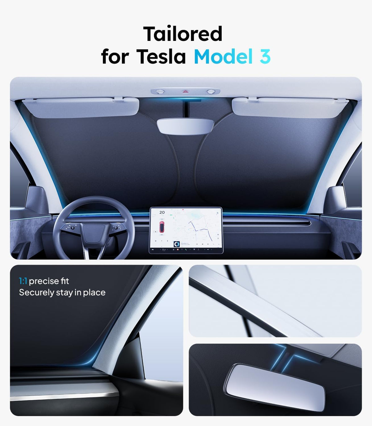 Wigoo Tesla New Model Y Accessories Windshield Sunshade [OEM Design, 100% Sun Blockage] Foldable Heat Insulation Sunshade with Storage Bag, for Model Y 2020~2026 (Juniper), Silver Coating - Colors A