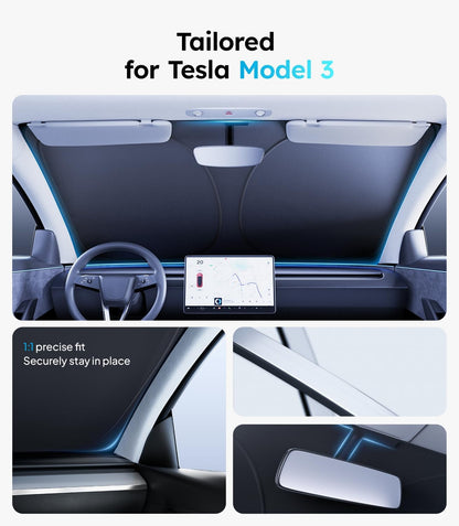 Wigoo Tesla New Model Y Accessories Windshield Sunshade [OEM Design, 100% Sun Blockage] Foldable Heat Insulation Sunshade with Storage Bag, for Model Y 2020~2026 (Juniper), Silver Coating - Colors A