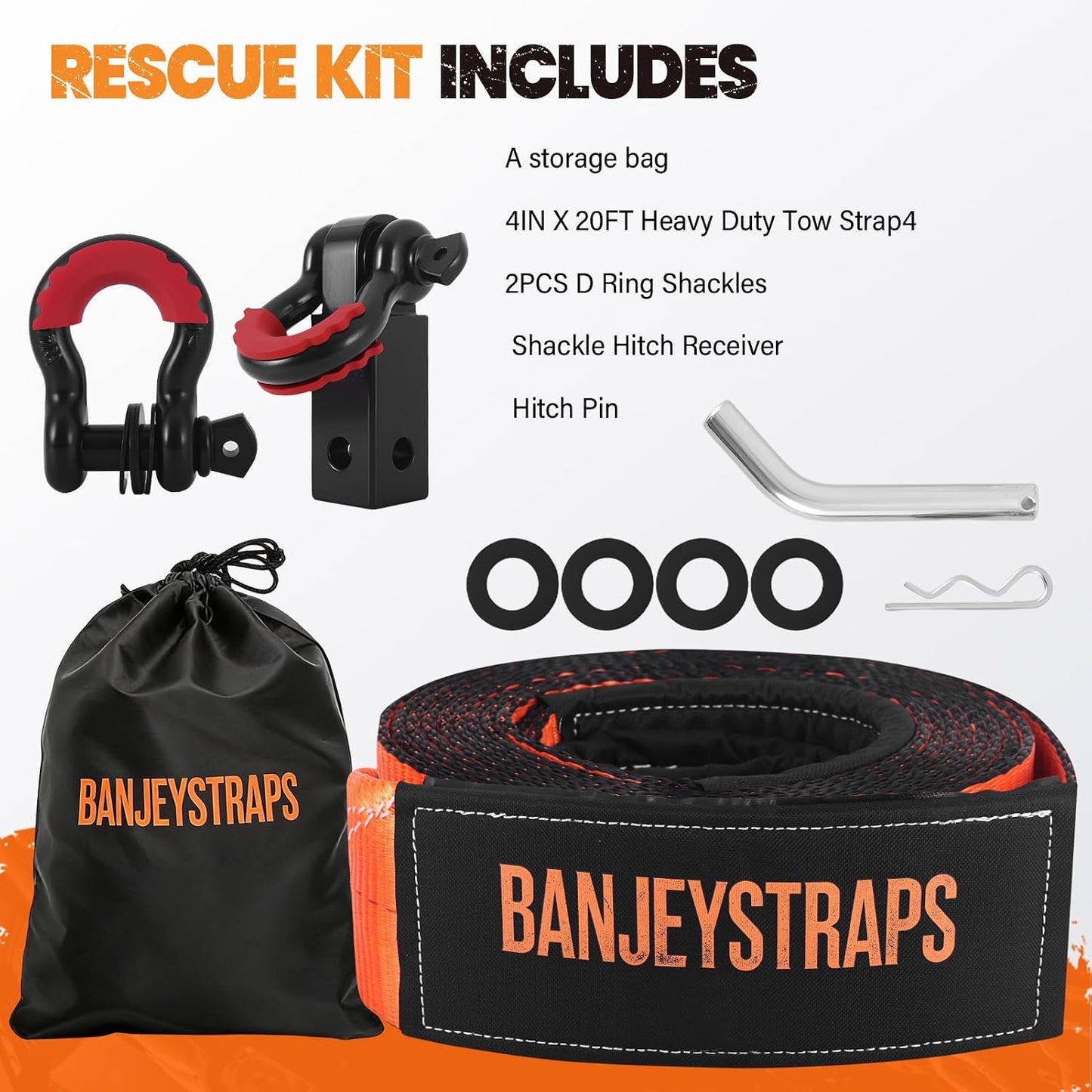 45,000 lb Recovery Tow Strap Kit with 3/4" Shackles（2pcs） - 4" x20' Heavy Duty Snatch Strap for Off-Road Truck & Jeep Recovery, Includes Storage Bag for SUV & 4x4 Vehicle Emergency
