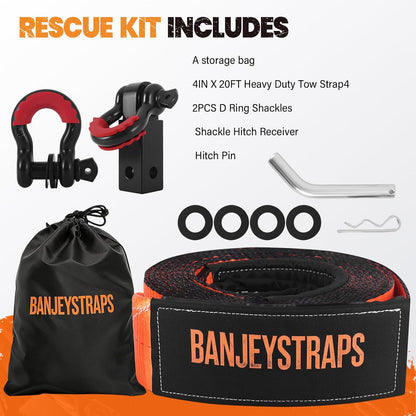 45,000 lb Recovery Tow Strap Kit with 3/4" Shackles（2pcs） - 4" x20' Heavy Duty Snatch Strap for Off-Road Truck & Jeep Recovery, Includes Storage Bag for SUV & 4x4 Vehicle Emergency