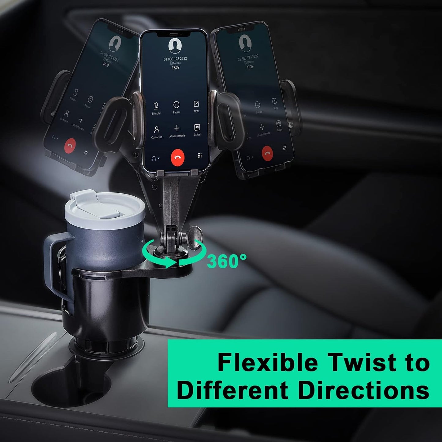 This Hill Car Cup Holder Expander Adjustable Base with Phone Mount 360° Rotation Cup Holder Cell Phone Holder for Car Compatible with iPhone All Smartphones