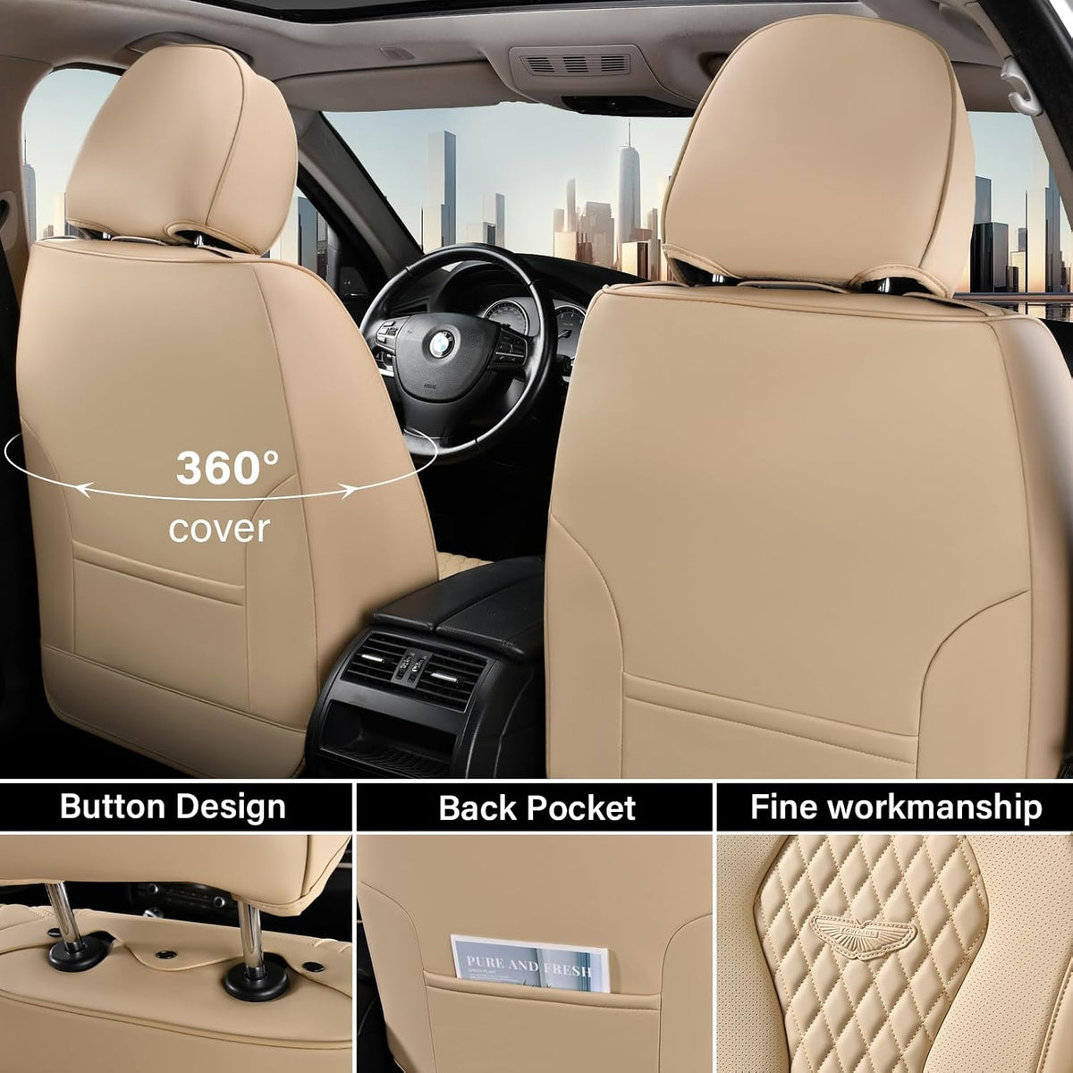 Coverado Seat Covers, Car Seat Covers Full Set, Black Car Seat Cover, Car Seat Covers Front Seats Back Seat Cover, Waterproof Car Seat Cushion, Leather Seat Covers Seat Protector Fit for Most Cars