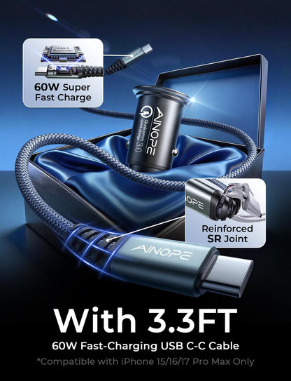 AINOPE 67.5W Car Charger USB C Fast Charge, PD 45W USB C Car Charger Fast Charging【Mini & Metal】 Cigarette Lighter Adapter USB-C Type C Car Charger for iPhone 17 16 15 Pro Max, for Samsung S26 S25