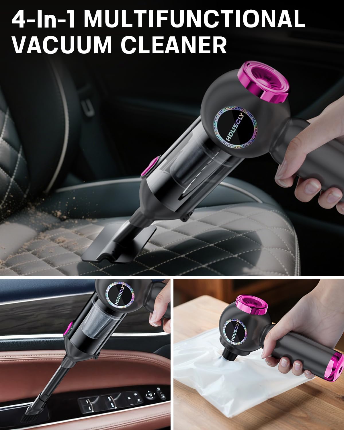 houscly Car Vacuum Portable Cordless 20000PA High Power 4-in-1 Compressed Air Duster & Air Blower & Pump Hand Held Vacuum with Brushless Motor for Car, Home, Office,Camping Ideal Gifts for Men & Women