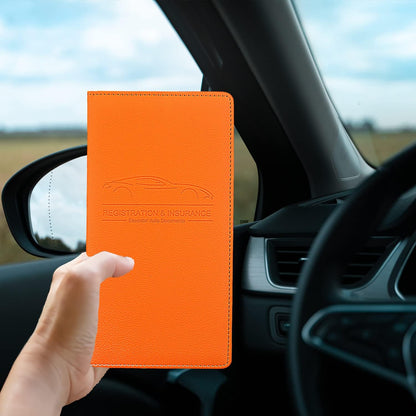 Car Registration and Insurance Holder, Premium Pu Leather Vehicle Glove Box Organizer - for Driver License, Cards & Essential Documents (L-Orange)