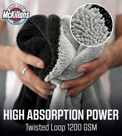 McKillans® Extra Large Dual-Color Car Drying Towel XL - Edgeless & Ultra Soft & Absorbent - 36" x 28" - 1200 GSM Twisted Loop Microfiber Towel for Cars - Drying Towel Car Detailing - Car Wash Towels