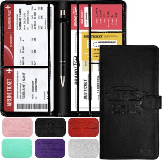 Car Registration and Insurance Card Holder with Magnetic Closure, Leather Vehicle Glove Box Automobile Documents Paperwork Wallet Case Organizer for ID, Driver's License, Key Contact Information Cards