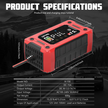 Corebox Battery Charger 6-Amp 12V Automatic Smart Battery Trickle Charger, Battery Maintainer Desulfator with Temperature Compensation for Car Truck Motorcycle Lawn Mower Marine