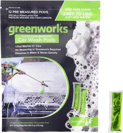 Greenworks Car Wash Pods, High-Foaming Biodegradable Car Soap, Water-Soluble Pre-Measured Pods, Streak-Free Finish, Amazing Scent, 12 Count