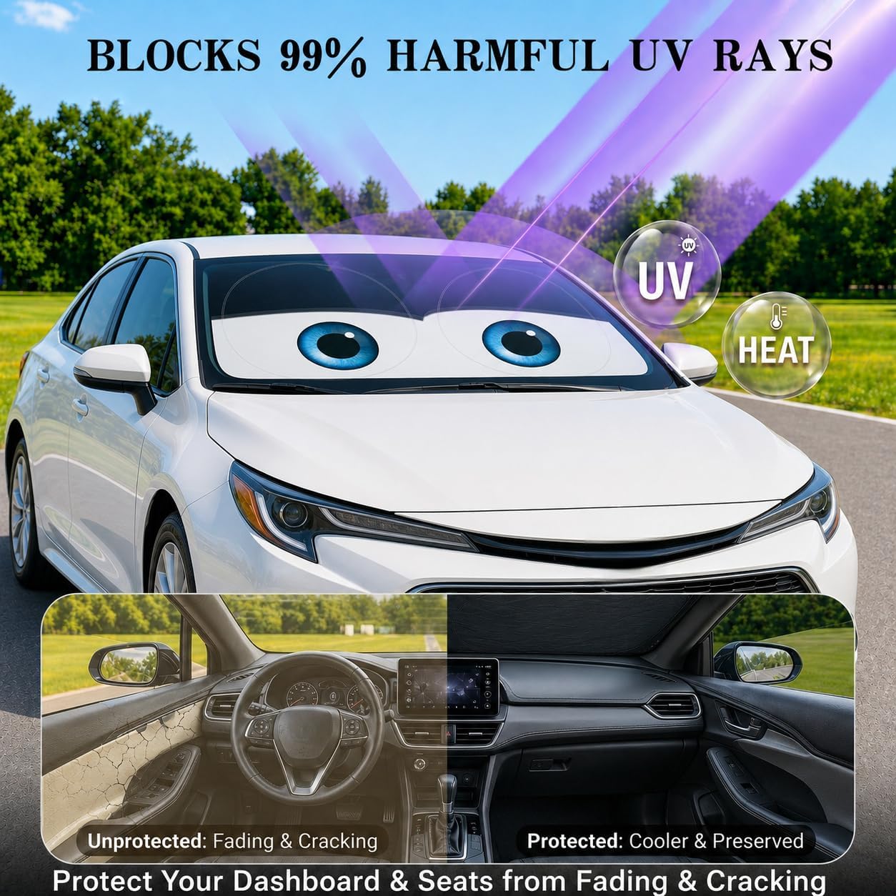 Car Windshield Sun Shade, Funny Cartoon Eyes Sun Visor for Car Windshield Universal Fits Sedan Compact Car Hatchback SUV, UV Heat Protection - 59 x 27.5